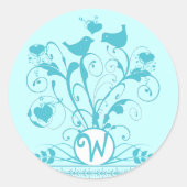 Monogram bruiloftsvogels Hartszwemmen Aqua Blue Ronde Sticker (Voorkant)