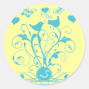 Monogram bruiloftsvogels Hartszwemmen Aqua Blue Ronde Sticker