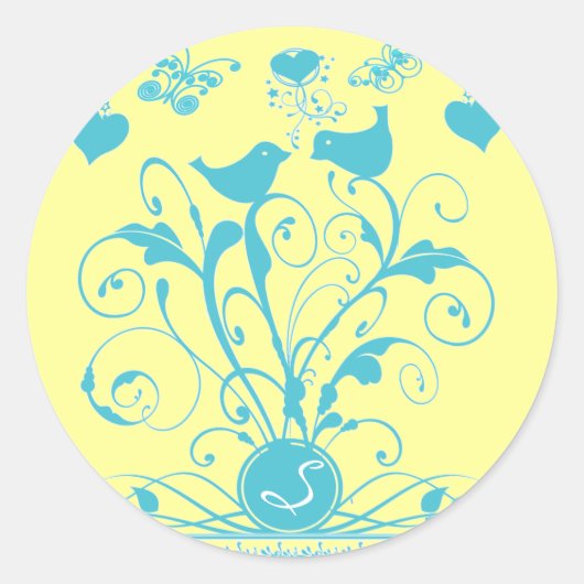 Monogram bruiloftsvogels Hartszwemmen Aqua Blue Ronde Sticker (Voorkant)