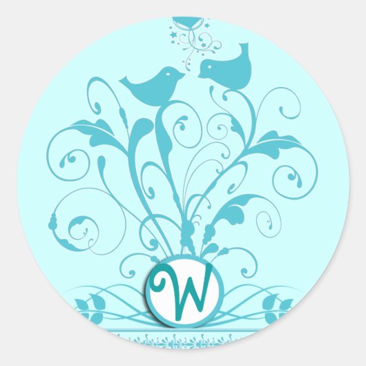 Monogram bruiloftsvogels Hartszwemmen Aqua Blue Ronde Sticker (Voorkant)