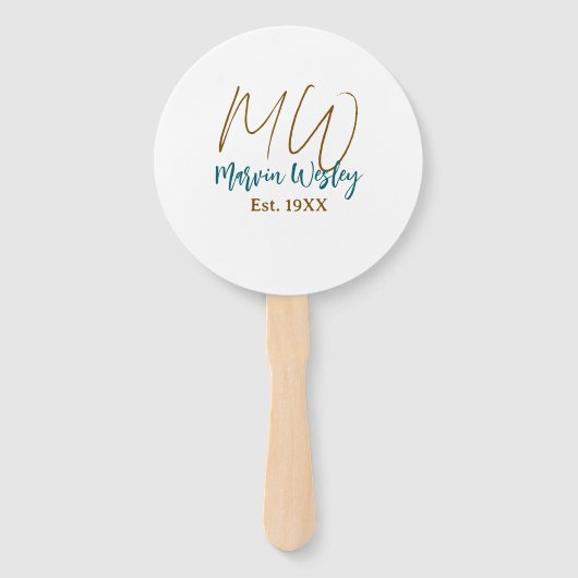 Monogram bruin blauw turquoise geschat jaar eenvou handwaaier (Voorkant)