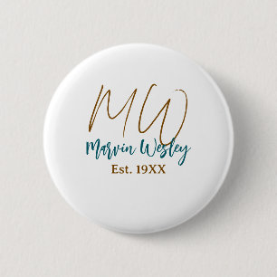Monogram bruin blauw turquoise geschat jaar eenvou ronde button 5,7 cm