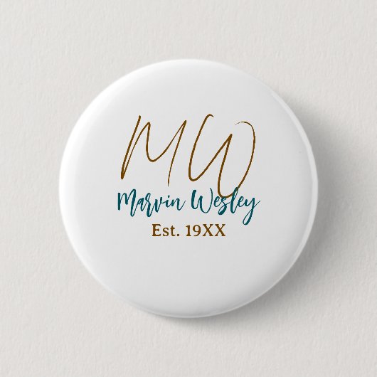 Monogram bruin blauw turquoise geschat jaar eenvou ronde button 5,7 cm (Voorkant)