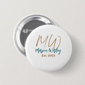 Monogram bruin blauw turquoise geschat jaar eenvou ronde button 5,7 cm (Voorkant /achterkant)