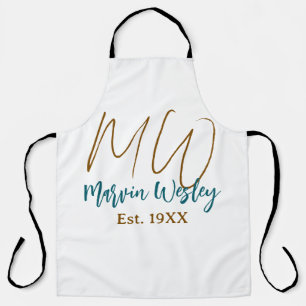 Monogram bruin blauw turquoise geschat jaar eenvou schort