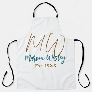 Monogram bruin blauw turquoise geschat jaar eenvou schort