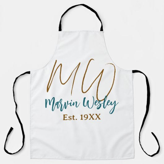 Monogram bruin blauw turquoise geschat jaar eenvou schort (Voorkant)