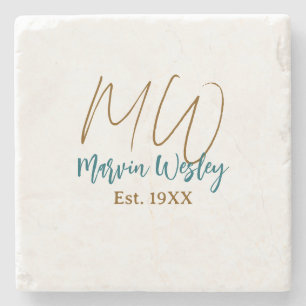 Monogram bruin blauw turquoise geschat jaar eenvou stenen onderzetter