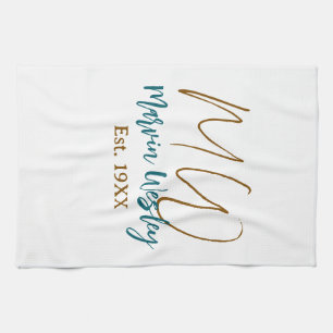 Monogram bruin blauw turquoise geschat jaar eenvou theedoek
