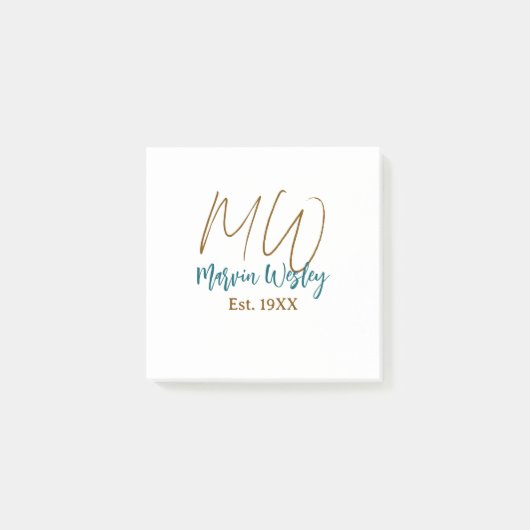 Monogram bruin blauw turquoise jaar eenvoudig mini post-it® notes (Voorkant)