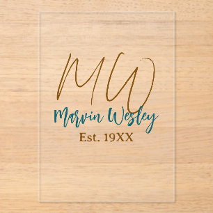 Monogram bruin blauw turquoise oprichtingsjaar een acryl uitnodigingen
