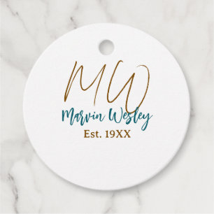 Monogram bruin blauw turquoise oprichtingsjaar een bedankjes labels