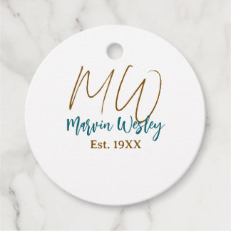 Monogram bruin blauw turquoise oprichtingsjaar een bedankjes labels