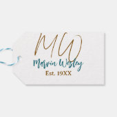 Monogram bruin blauw turquoise oprichtingsjaar een cadeaulabel (Achterkant Horizontaal)