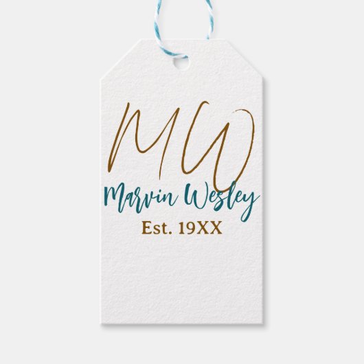 Monogram bruin blauw turquoise oprichtingsjaar een cadeaulabel (Voorkant)