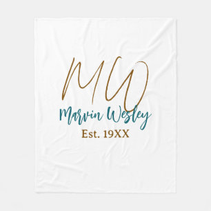 Monogram bruin blauw turquoise oprichtingsjaar een fleece deken