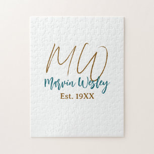 Monogram bruin blauw turquoise oprichtingsjaar een legpuzzel