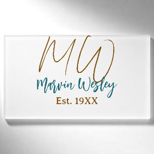 Monogram bruin blauw turquoise oprichtingsjaar een naambadge
