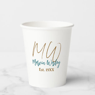 Monogram bruin blauw turquoise oprichtingsjaar een papieren bekers