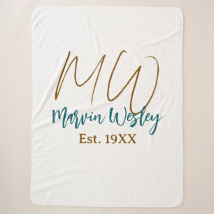 Monogram bruin blauw turquoise oprichtingsjaar een sherpa deken