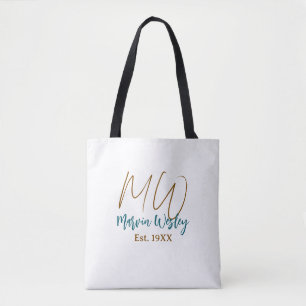 Monogram bruin blauw turquoise oprichtingsjaar een tote bag