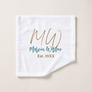 Monogram bruin blauw turquoise oprichtingsjaar een washandje