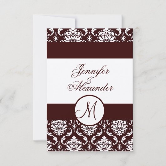 Monogram bruin Damask RSVP-kaart op viltpapier RSVP Kaartje (Voorkant)