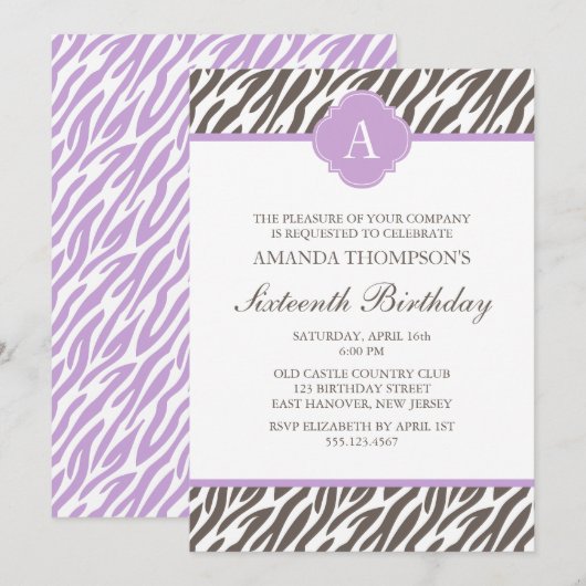 Monogram bruin en lavender Zebra Pattern Kaart (Voorkant / Achterkant)