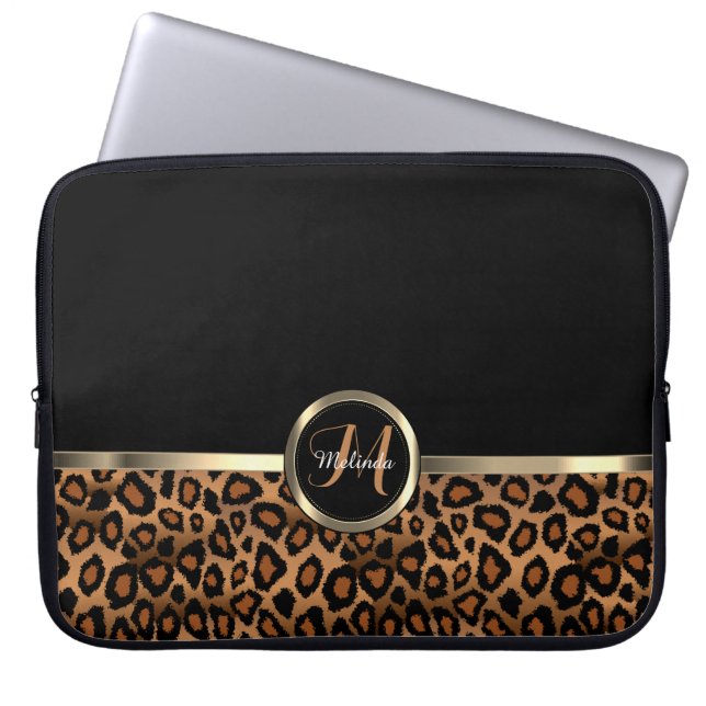 Monogram bruin en zwarte luipaard met Gold Accents Laptop Sleeve (Voorkant)