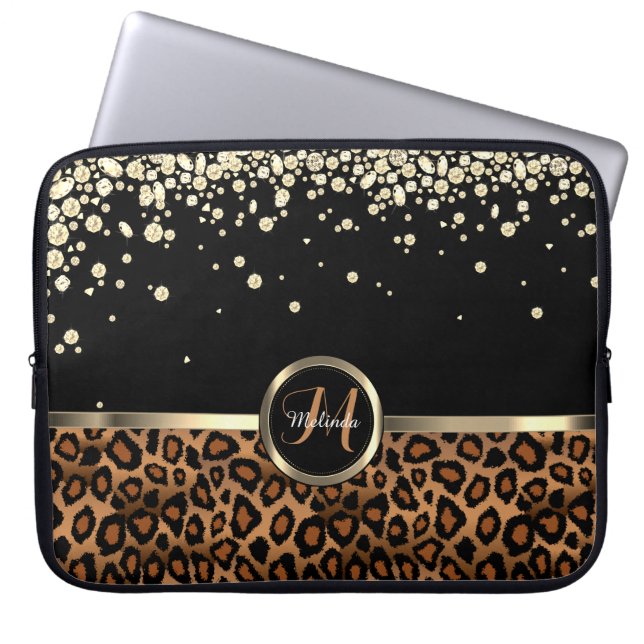 Monogram bruin en zwarte luipaard met Gold Diamond Laptop Sleeve (Voorkant)