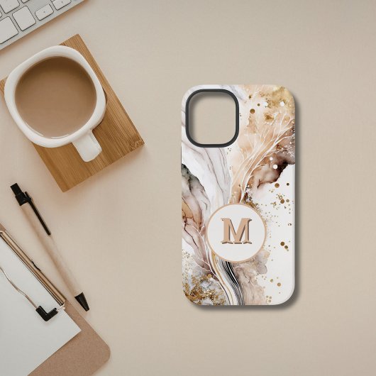 Monogram Bruin Goud Marmer Luxe Abstract Ontwerp iPhone Hoesje
