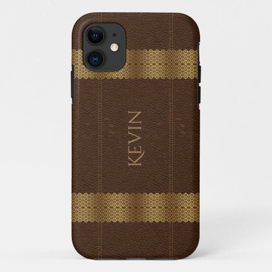 Monogram bruin leder en goudstrips Case-Mate iPhone case (Achterkant)