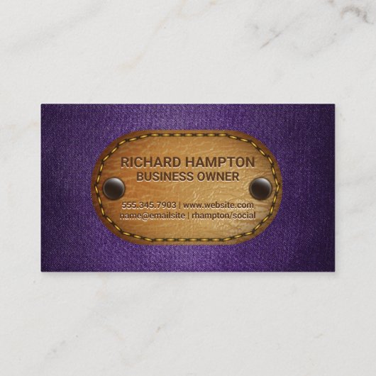 Monogram | bruin leder | Paarse stof Visitekaartje (Achterkant)