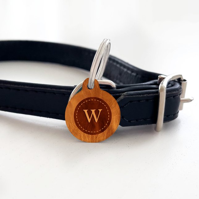 Monogram bruin leder textuur - geen echt leder huisdierpenning (Creator heeft geüpload)