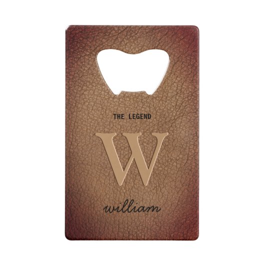 Monogram bruin rustiek leren stijlvolle script naa creditkaart flessenopener (Voorkant)