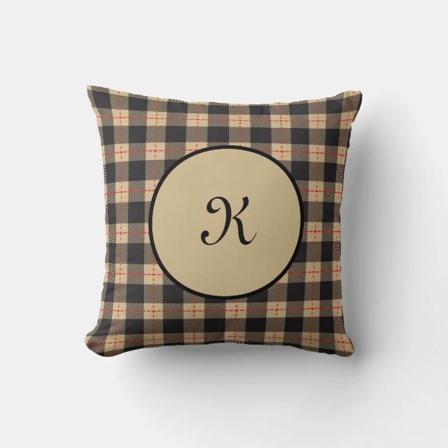 Monogram Bruin Zwart Rood Buffalo Plaid Kussen (Voorkant)