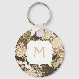Monogram  bruine beige bloemen en vogels sleutelhanger