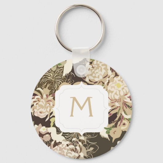 Monogram  bruine beige bloemen en vogels sleutelhanger (Voorkant)
