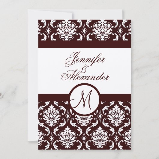 Monogram bruine Damask-uitnodiging op viltpapier Kaart (Voorkant)