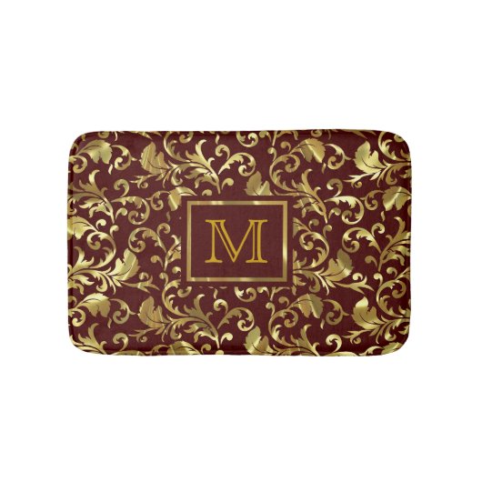 Monogram bruine en gouden  Floral Damascus Badmat (Voorkant)