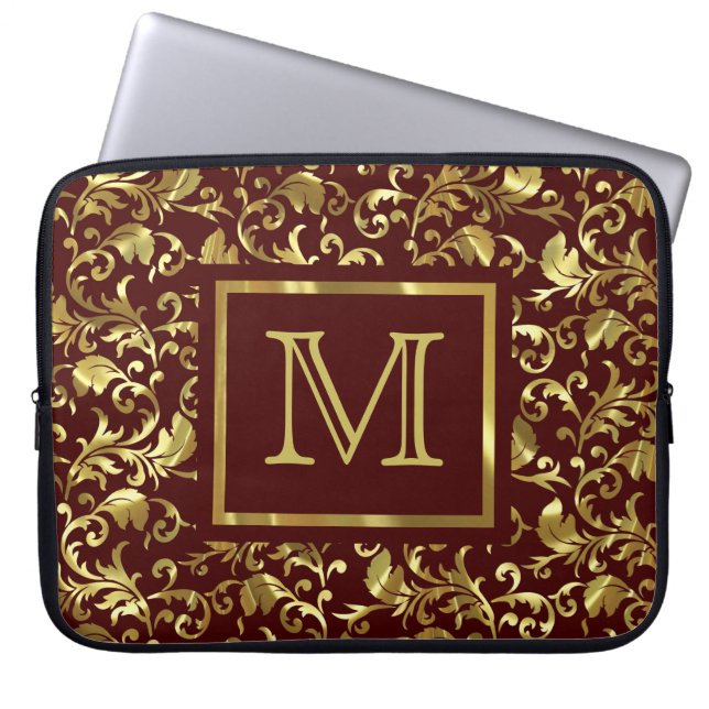 Monogram bruine en gouden  Floral Damascus Laptop Sleeve (Voorkant)