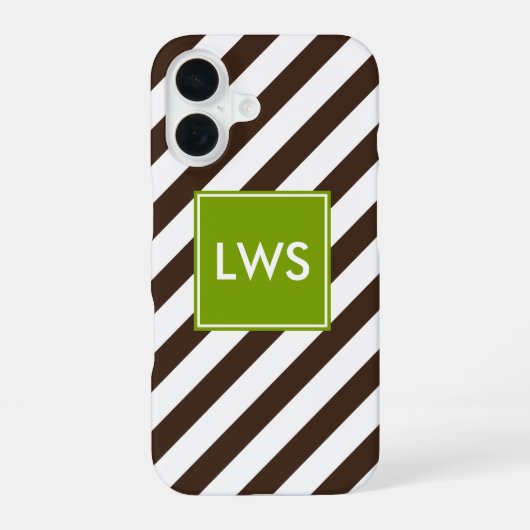 Monogram bruine en groene diagonale strepen iPhone 16 hoesje (Achterkant)