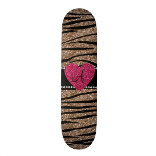 Monogram bruine glitterzebra strepen roze hart skateboard