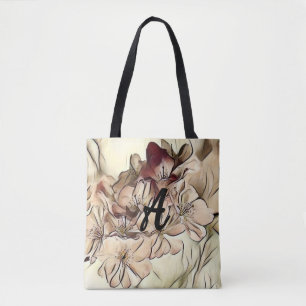 Monogram  bruine kersenbloesems tote bag