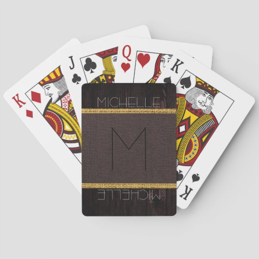 Monogram Bruine Rustieke Jute Hout Look Pokerkaarten (Achterkant)