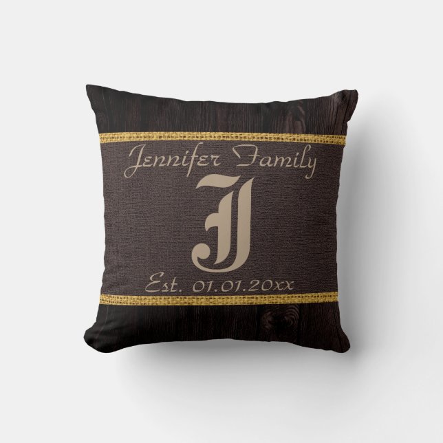 Monogram Bruine Rustieke Jute Linnen Houten Uiterl Kussen (Voorkant)