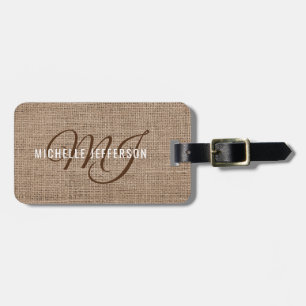 Monogram - Bruine structuur jute Bagagelabel