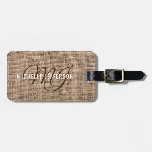 Monogram - Bruine structuur jute Bagagelabel (Voorkant horizontaal)