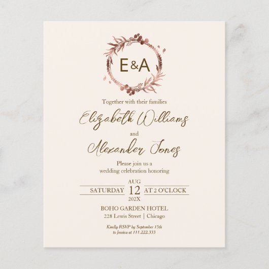 Monogram budget bruiloft uitnodigingen (Voorkant)