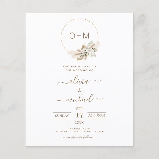Monogram budget Tropische Pampas Grass Wedding Flyer (Voorkant)